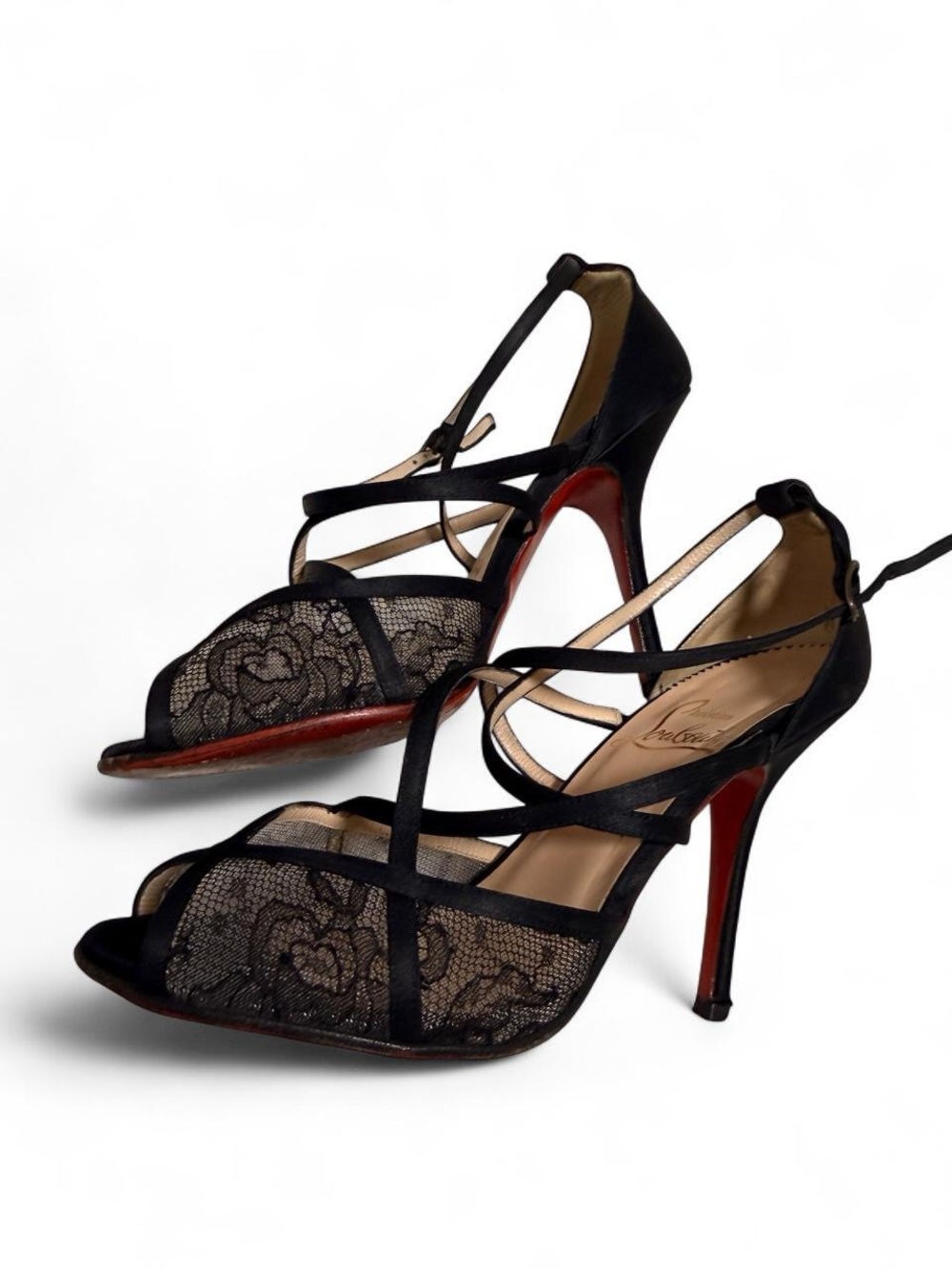Christian Louboutin Black Lace Strappy Red-Sole High Heels